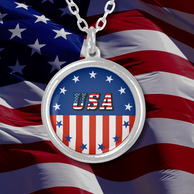 USA - American Flag and Stars in Circle Round Silver Plated Necklace (USA - American Flag and Stars in Circle Round Silver Plated Necklace)