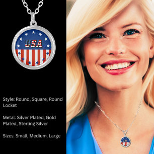 USA - American Flag and Stars in Circle Round Silver Plated Necklace