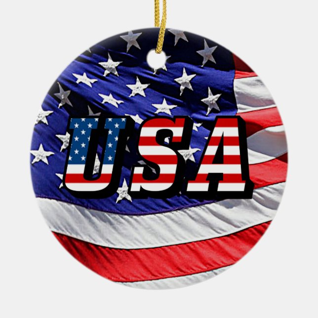 USA - American Flag Ceramic Rd Christmas Ornament (Front)