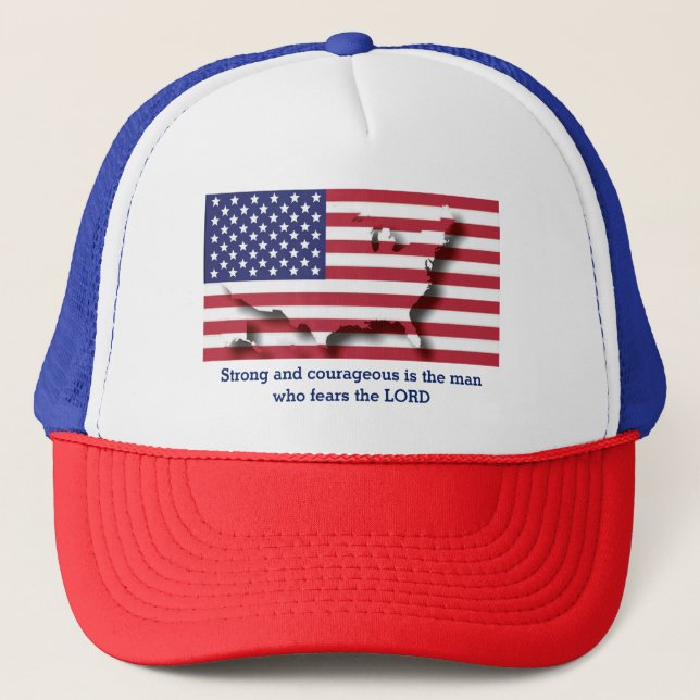 USA AMERICAN Flag Christian Scripture Personalized Trucker Hat (Front)