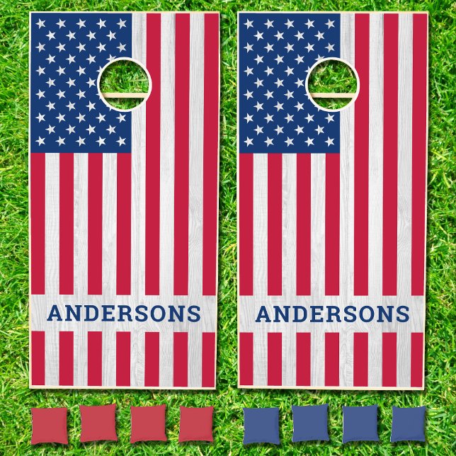 USA American Flag Custom Family Name Patriotic Cornhole Set (Creator Uploaded)