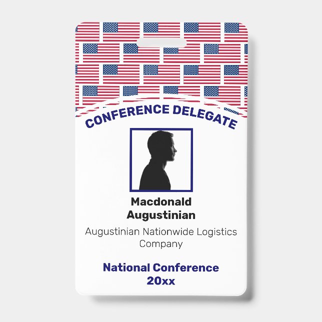 USA AMERICAN FLAG Customized Logo Photo ID Name Badge (Front)