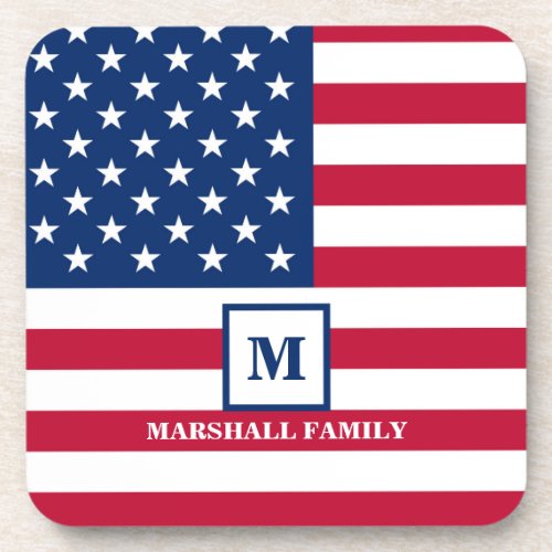 USA American Flag Customized Monogram 4th Of July Beverage Coaster