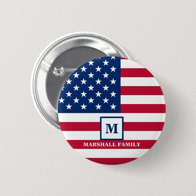 USA American Flag Customized Monogram 4th Of July Button (Front & Back)