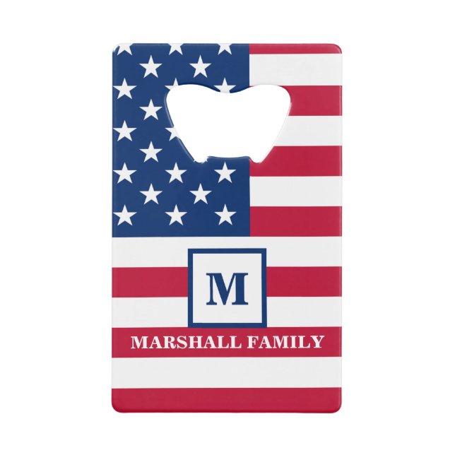 USA American Flag Customized Monogram 4th Of July Credit Card Bottle Opener (Front)