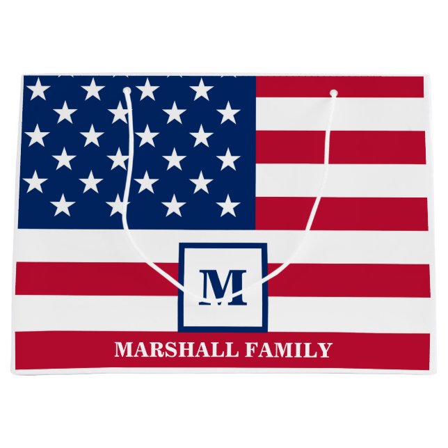 USA American Flag Customized Monogram 4th Of July Large Gift Bag (Front)