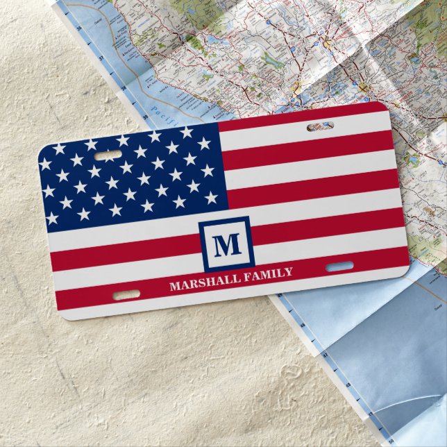 USA American Flag Customized Monogram 4th Of July License Plate (In Situ)