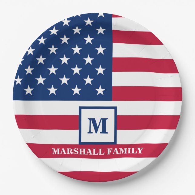 USA American Flag Customized Monogram 4th Of July Paper Plates (Front)