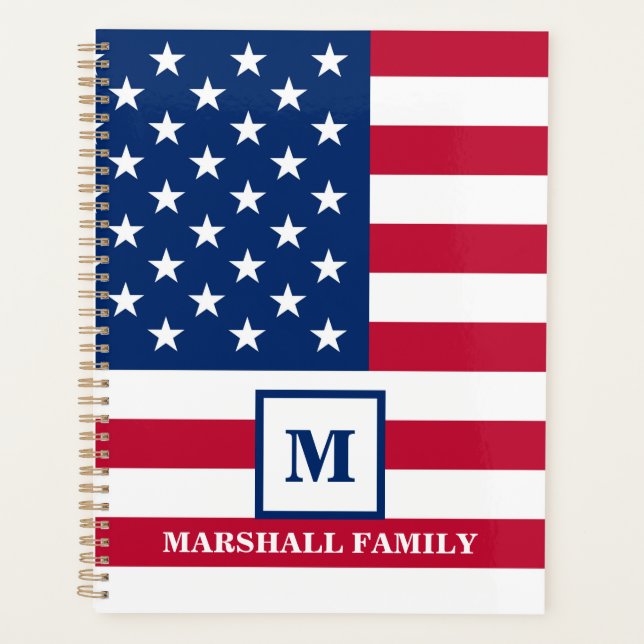 USA American Flag Customized Monogram 4th Of July Planner (Front)
