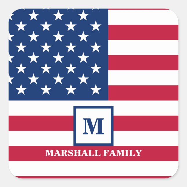 USA American Flag Customized Monogram 4th Of July Square Sticker (Front)