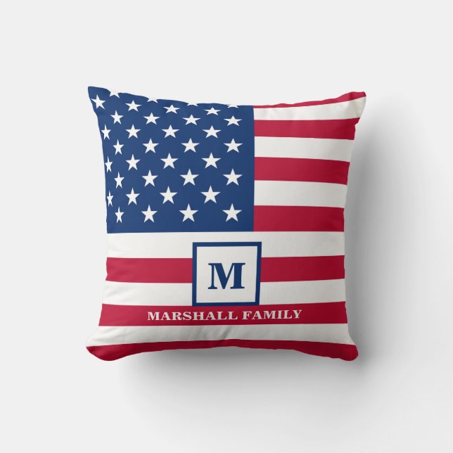 USA American Flag Customized Monogram 4th Of July Throw Pillow (Front)