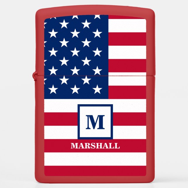 USA American Flag Customized Monogram Patriotic Zippo Lighter (Front)