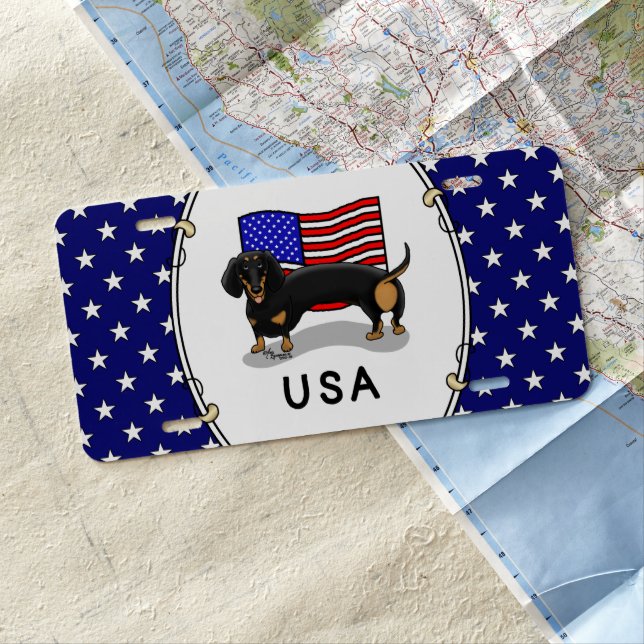 USA American Flag Dachshund Dachsie (black & tan) License Plate (In Situ)