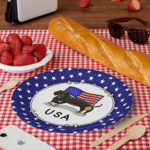 USA American Flag Dachshund Dachsie (black & tan) Paper Plates