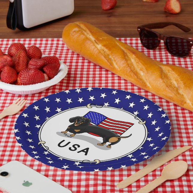 USA American Flag Dachshund Dachsie (black & tan) Paper Plates (Picnic)