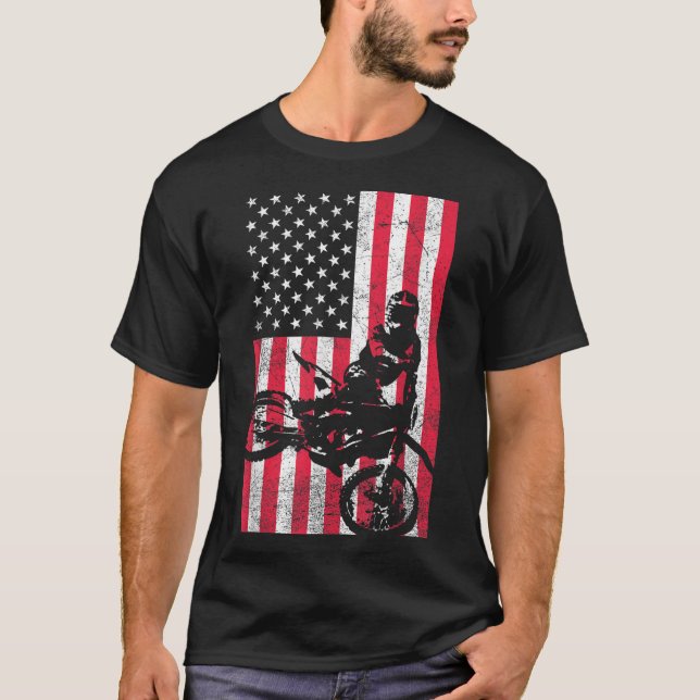 USA American Flag Dirt Bike Red White Blue 4th of  T-Shirt (Front)