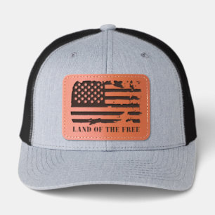 USA American Flag Distressed Land of the Free Text Leather Patch Hat