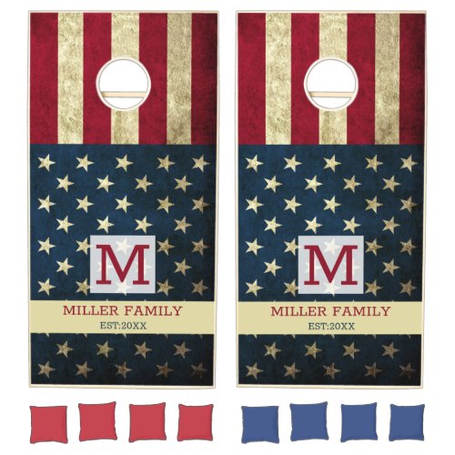 USA American Flag Family Monogram Name Rustic Cornhole Set