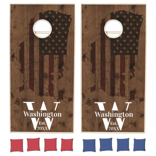 USA American Flag Family Monogram Rustic Wood Corn Cornhole Set