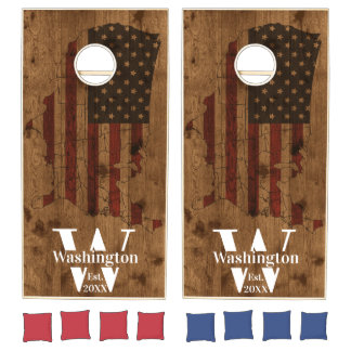 USA American Flag Family Monogram Rustic Wood Corn Cornhole Set