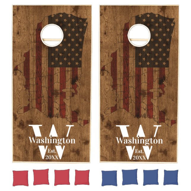 USA American Flag Family Monogram Rustic Wood Corn Cornhole Set (Set)