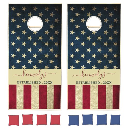 USA American Flag Family Name Red Blue Rustic   Cornhole Set