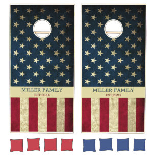 USA American Flag Family Name Rustic Cornhole Set
