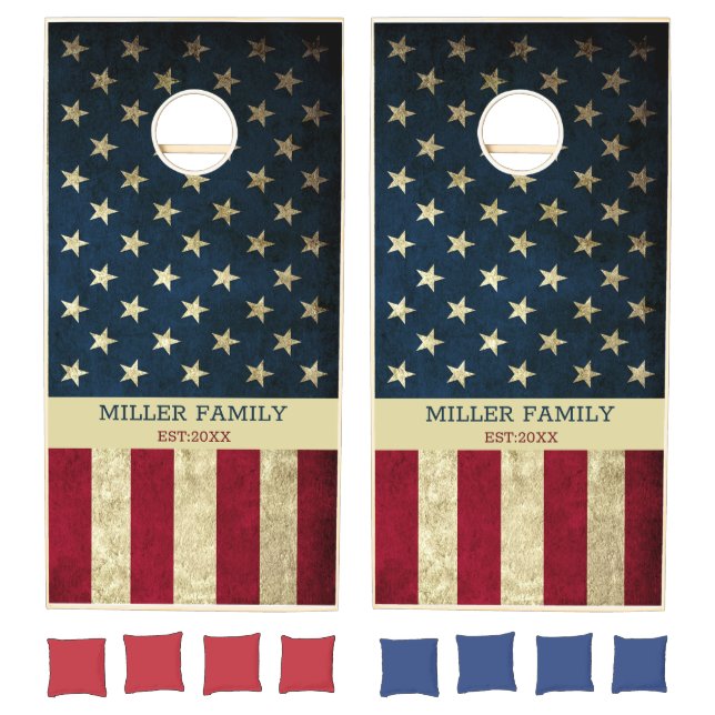 USA American Flag Family Name Rustic Cornhole Set (Set)