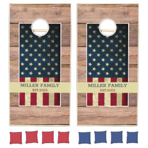 USA American Flag Family Name Rustic Wood Cornhole Set