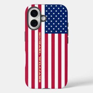 USA American Flag Gold Monogrammed Patriotic Tough iPhone 16 Case
