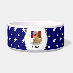 USA American Flag Golden Retriever Dog Bowl