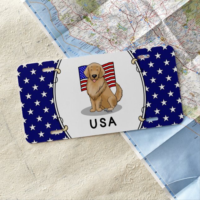 USA American Flag Golden Retriever Dog License Plate (In Situ)
