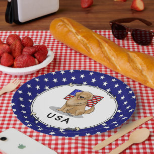 USA American Flag Golden Retriever Dog Patriotic Paper Plates