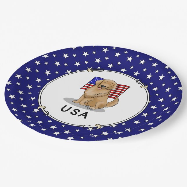 USA American Flag Golden Retriever Dog Patriotic Paper Plates (Angled)