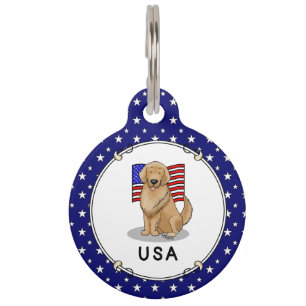 USA American Flag Golden Retriever Dog Pet ID Tag