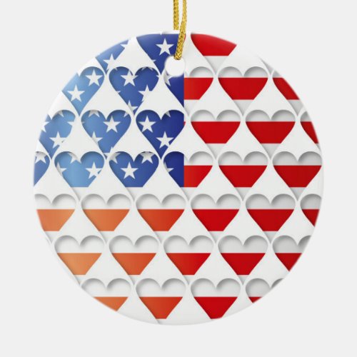 USA American Flag Hearts Ceramic Ornament