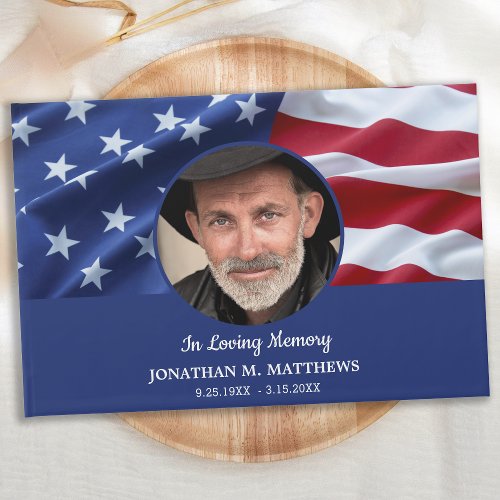 USA American Flag Memorial Photo Patriotic Funeral Guest Book