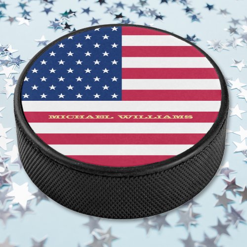 USA American Flag Monogrammed Name Patriotic Team Hockey Puck