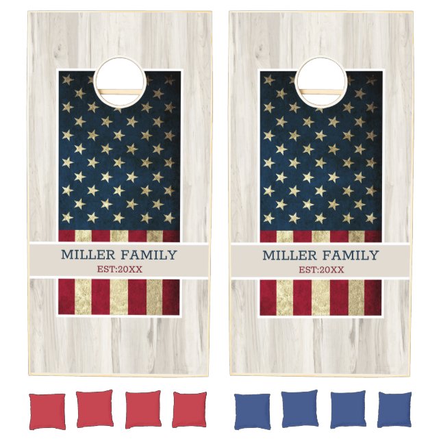 USA American Flag Natural Wood Family Name    Cornhole Set (Set)