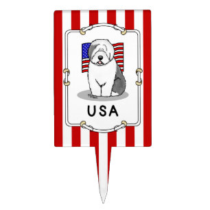 USA American Flag Old English Sheepdog (Gray 1) Cake Topper