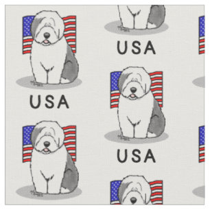 USA American Flag Old English Sheepdog (Gray 1) Fabric