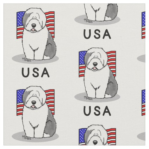 USA American Flag Old English Sheepdog (Gray 1) Fabric