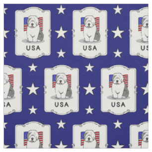 USA American Flag Old English Sheepdog (Gray 1) Fabric