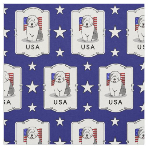 USA American Flag Old English Sheepdog (Gray 1) Fabric