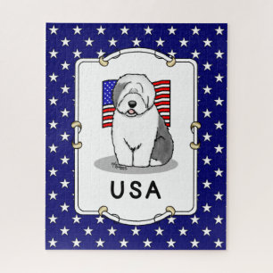 USA American Flag Old English Sheepdog (Gray 1) Jigsaw Puzzle