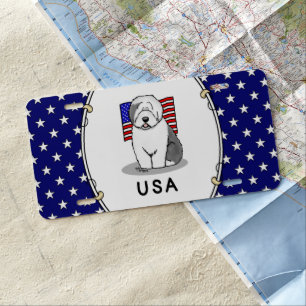 USA American Flag Old English Sheepdog (Gray 1) License Plate