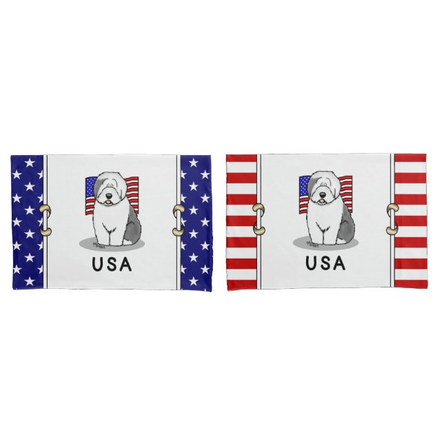 USA American Flag Old English Sheepdog (Gray 1) Pillow Case (Front-Set)