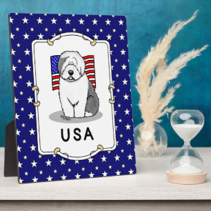 USA American Flag Old English Sheepdog (Gray 1) Plaque