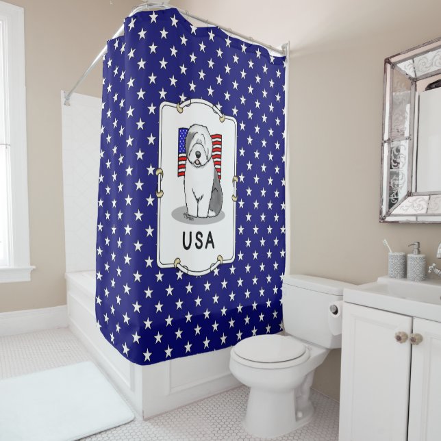 USA American Flag Old English Sheepdog (Gray 1) Shower Curtain (In Situ)