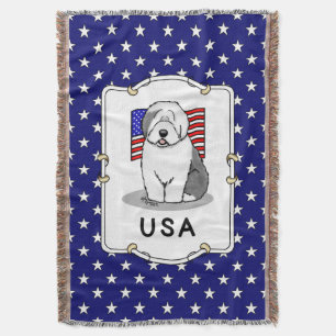 USA American Flag Old English Sheepdog (Gray 1) Throw Blanket